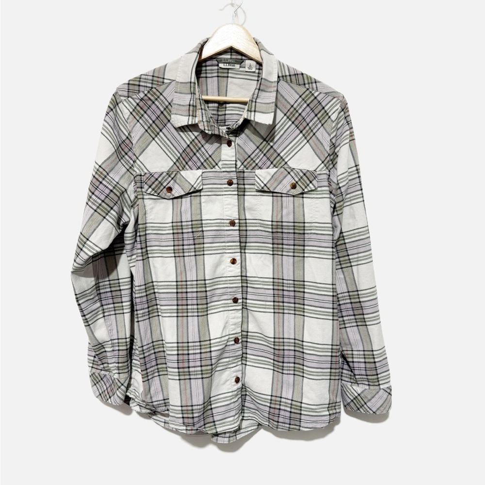 L.L.Bean Women's Plaid Button Front Flannel Shacket Shirt Organic Cotton Size LP